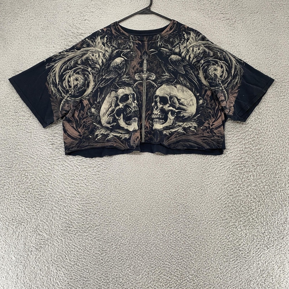 Cropped Grunge Y2K Shirt Womens L Black Double Skull Gothic Raven Graphic‎ Tee